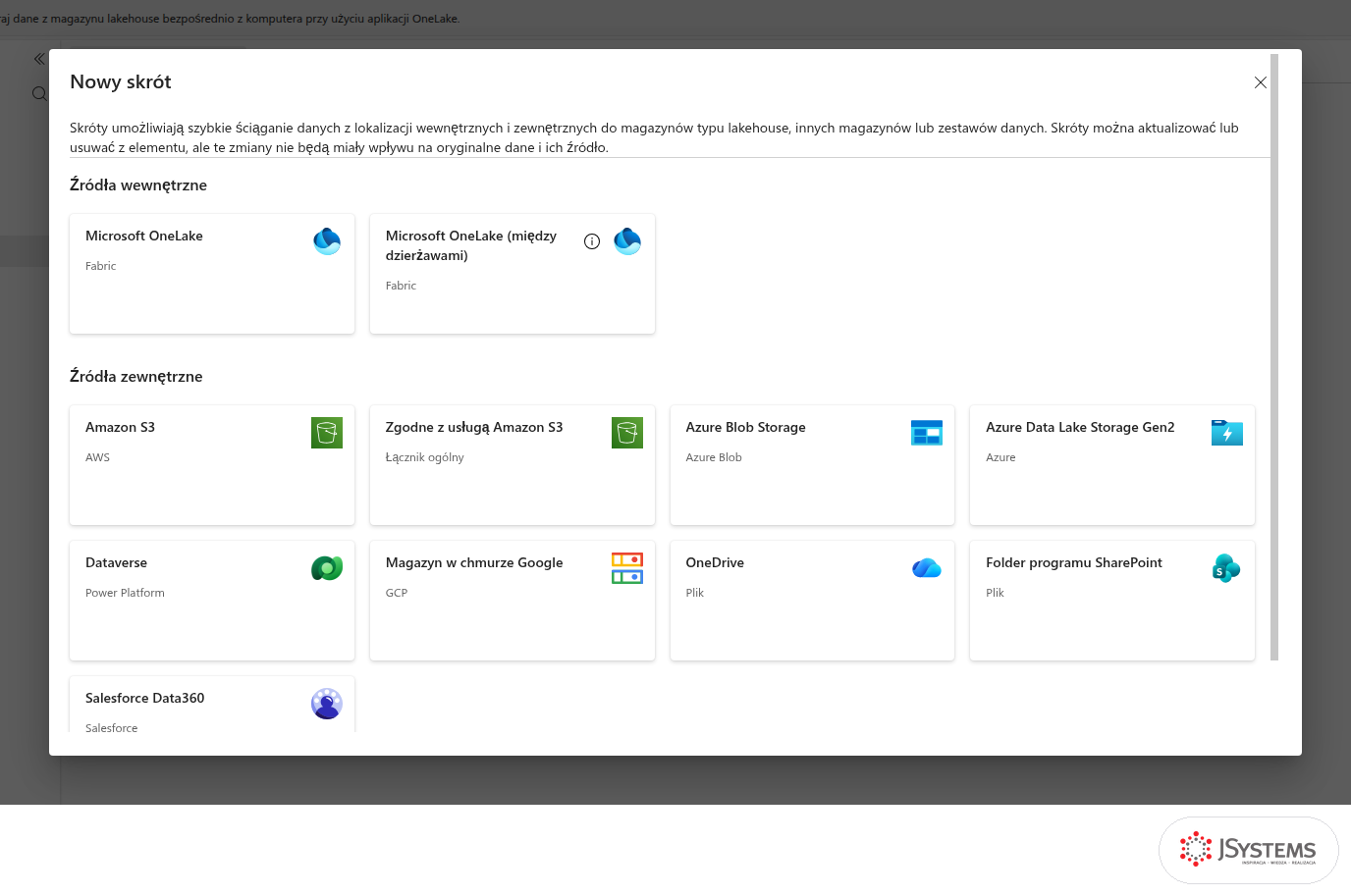 Okno Nowy skrót w lakehouse Fabric: źródła wewnętrzne OneLake i zewnętrzne Amazon S3, Azure, Google Cloud, OneDrive, SharePoint