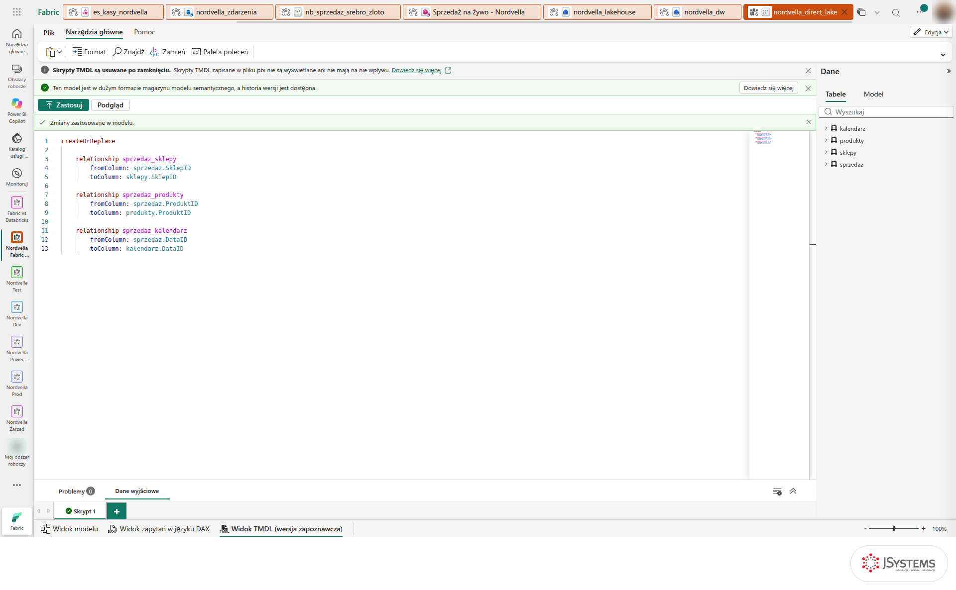 Widok TMDL w edytorze modelu semantycznego Fabric ze skryptem createOrReplace trzech relacji tabeli sprzedaz