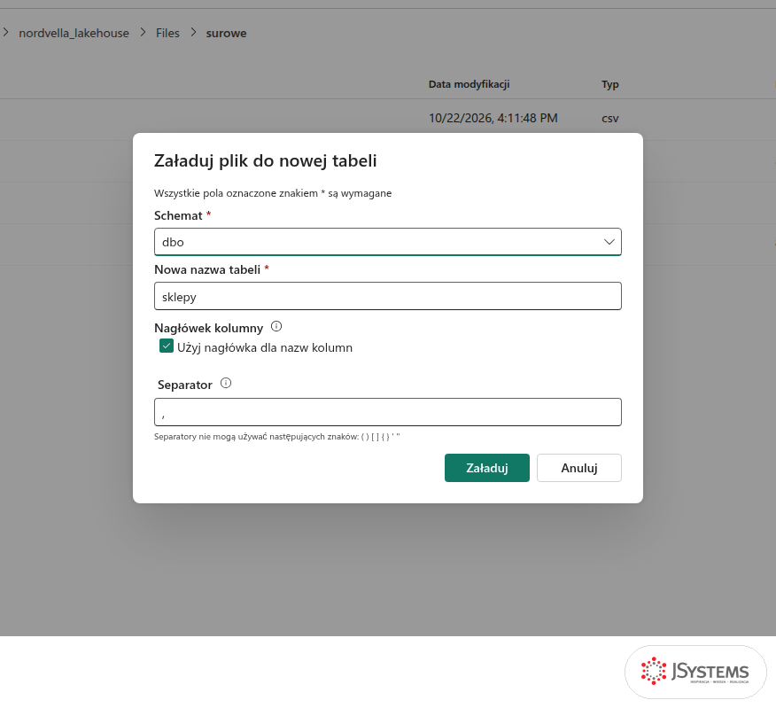 Okno Załaduj plik do nowej tabeli w Fabric: schemat dbo, nazwa tabeli sklepy, nagłówek jako nazwy kolumn, separator przecinek
