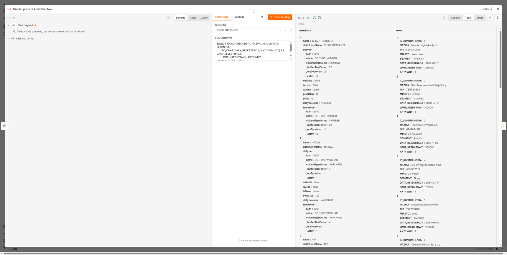 Węzeł Oracle w n8n: pole SQL Statement z zapytaniem SELECT, po prawej wynik z polami metadata i rows