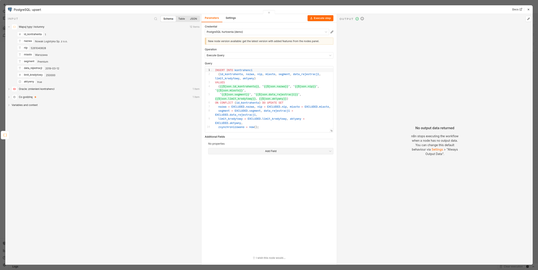Węzeł PostgreSQL w n8n w trybie Execute Query z zapytaniem INSERT ON CONFLICT DO UPDATE (upsert)
