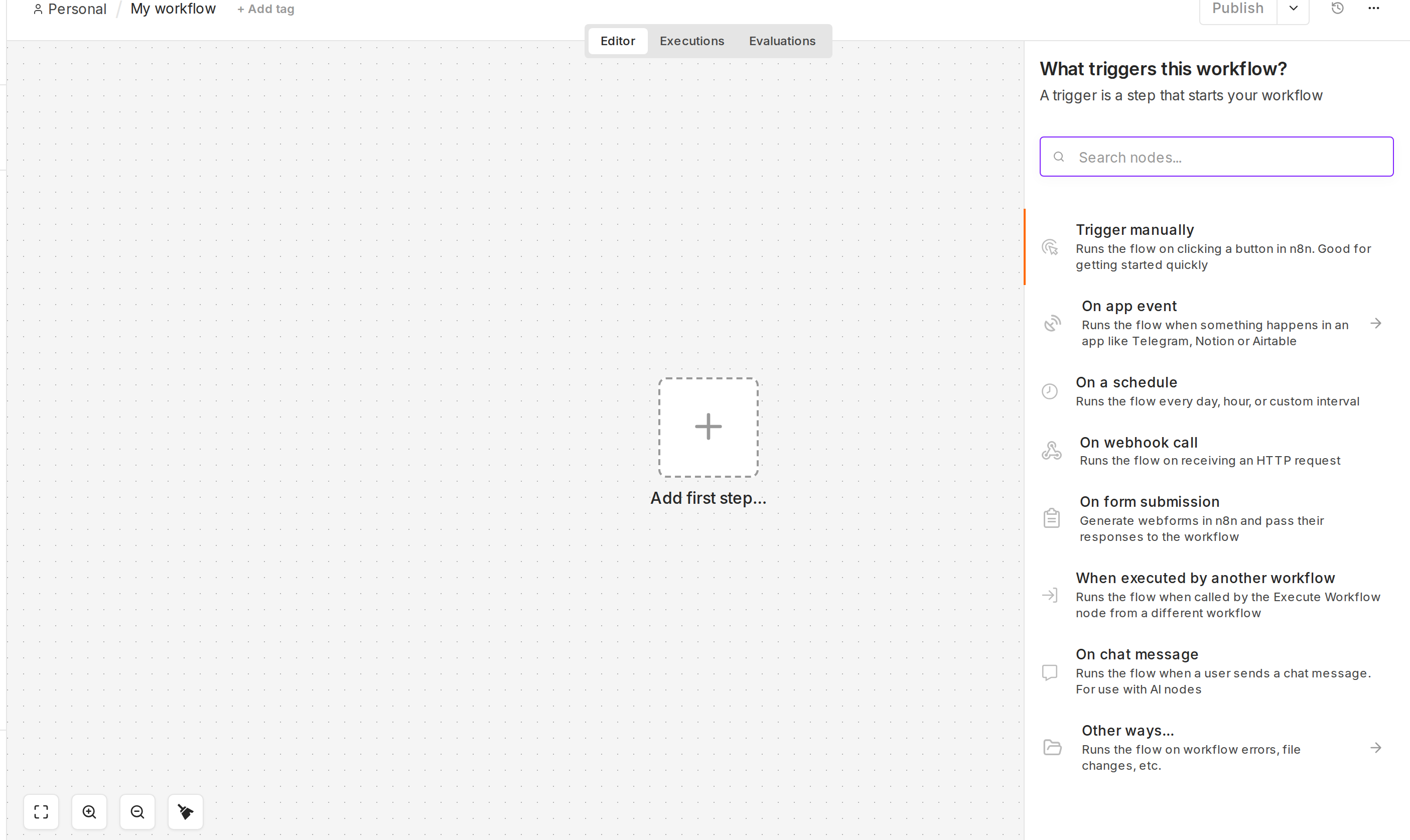 Nowy pusty workflow w n8n: kanwa z polem Add first step, po prawej panel What triggers this workflow z opcja Trigger manually