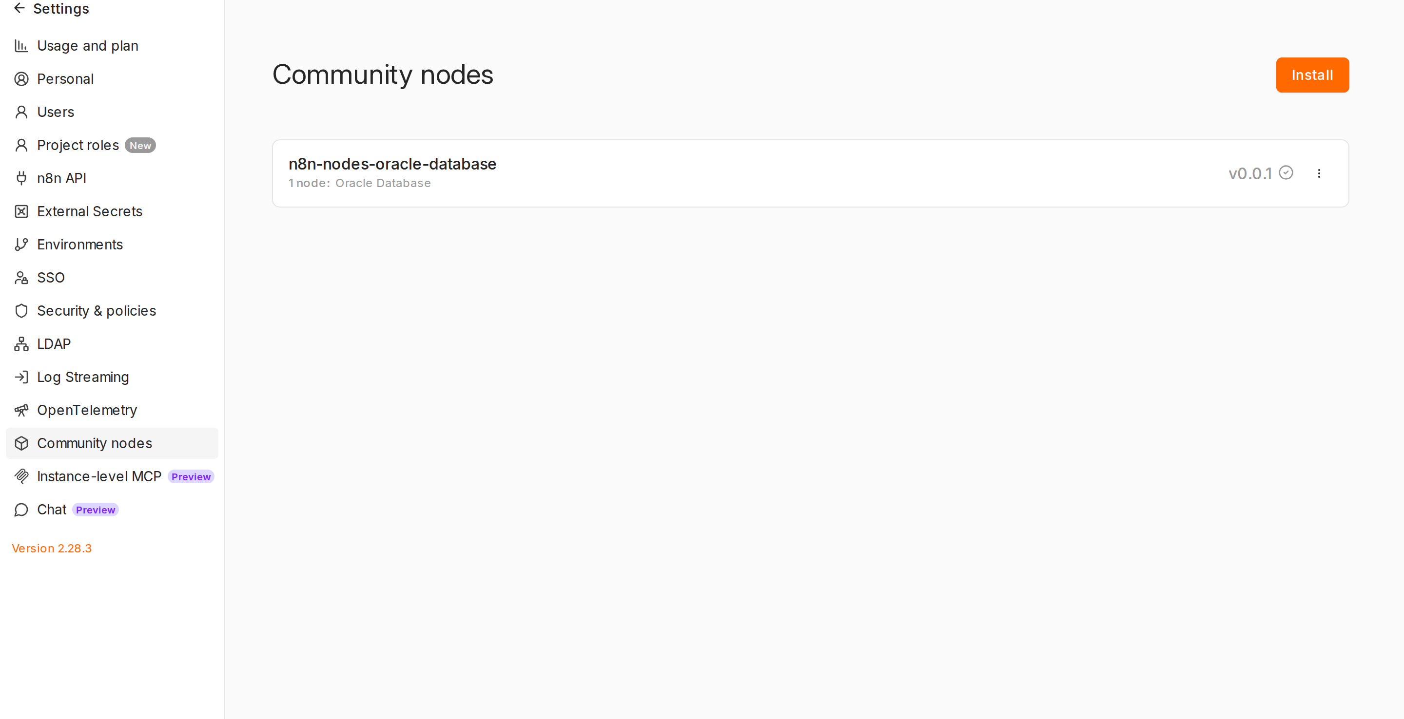 Ekran Community nodes w n8n po instalacji: na liscie pakiet n8n-nodes-oracle-database z opisem 1 node Oracle Database v0.0.1