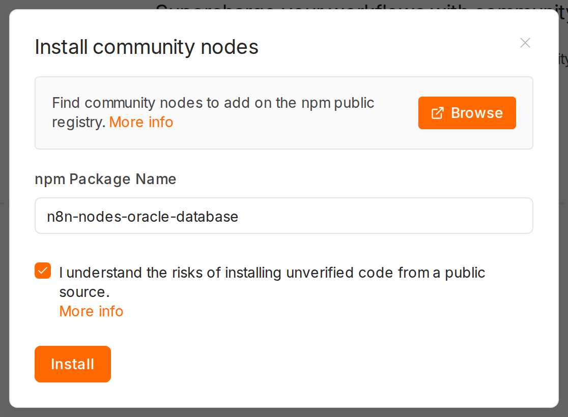Okno Install community nodes w n8n: pole npm Package Name wypelnione wartoscia n8n-nodes-oracle-database, zaznaczony checkbox zgody, aktywny przycisk Install