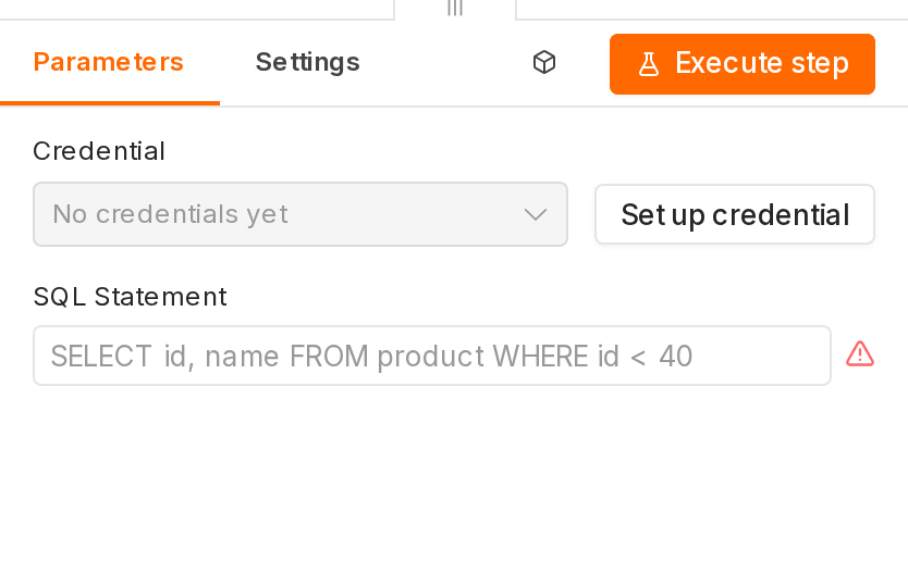Wezel Oracle Database w n8n bez poswiadczenia: pole Credential z napisem No credentials yet i przyciskiem Set up credential, ponizej puste pole SQL Statement