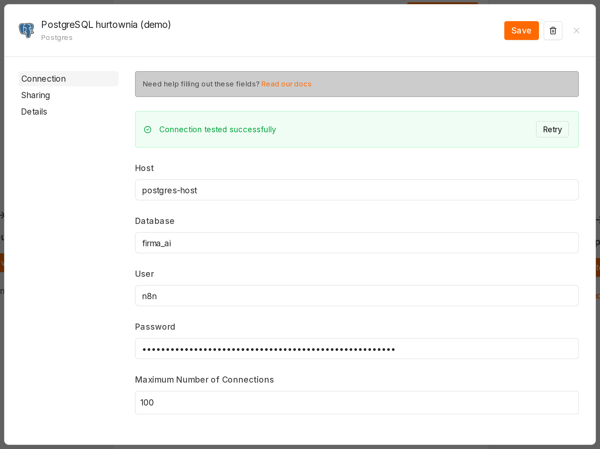 Formularz poświadczenia PostgreSQL w n8n: pola Host, Database, User, Password, komunikat Connection tested successfully