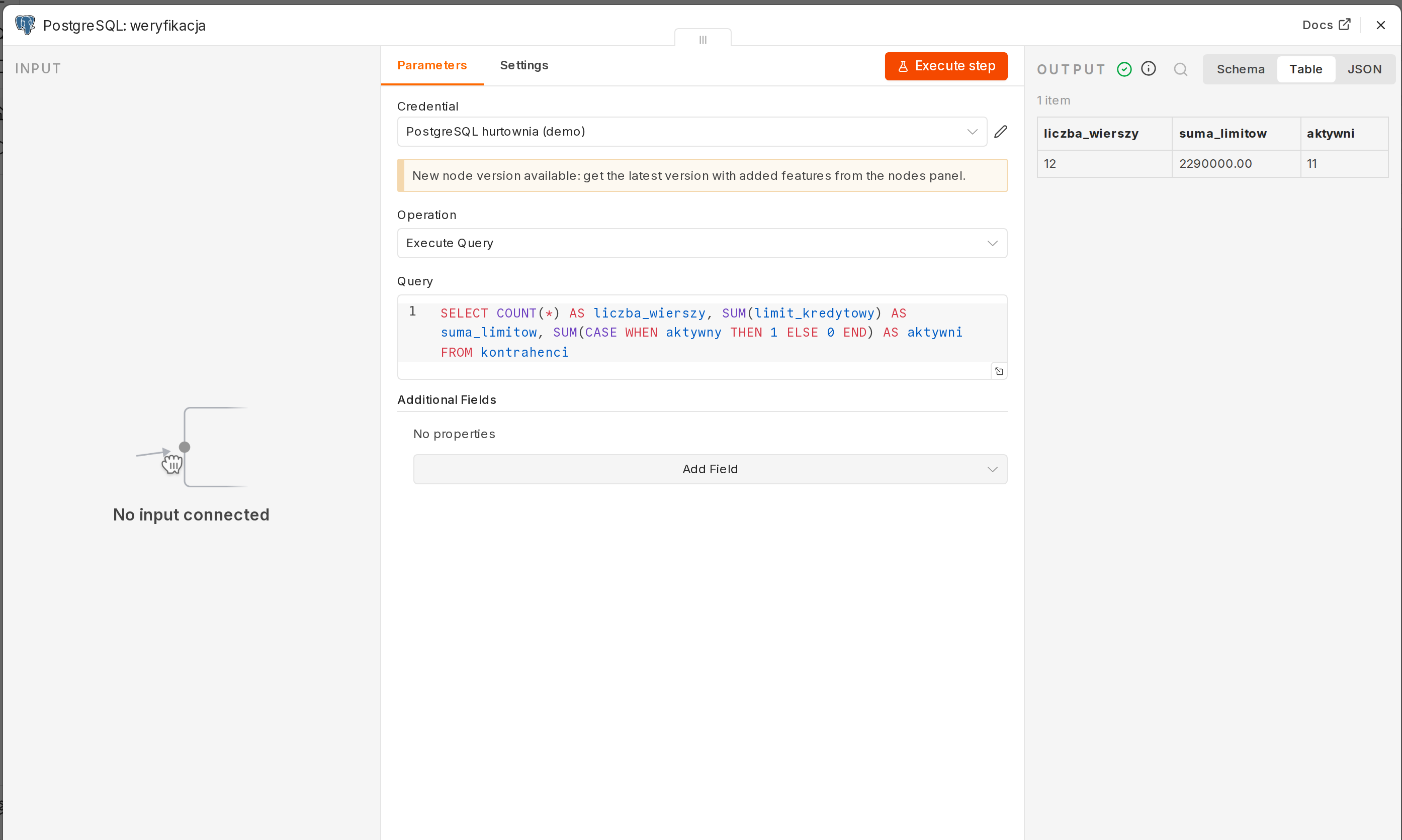 Węzeł PostgreSQL w n8n w trybie Execute Query z zapytaniem zliczającym; wynik: liczba_wierszy 12, suma_limitow 2290000, aktywni 11