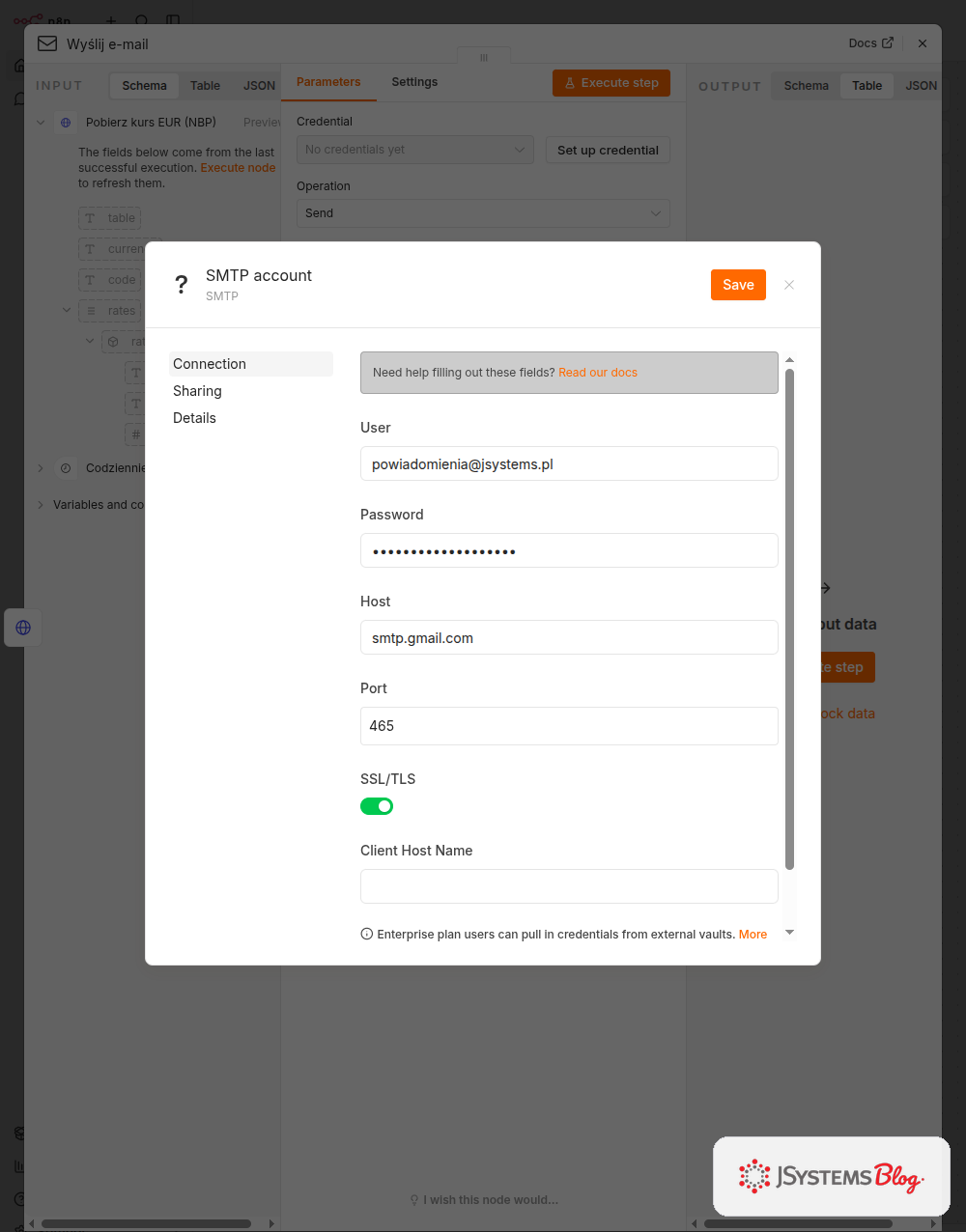 Formularz konta SMTP w n8n - pola Użytkownik, Hasło, Host, Port 465, przełącznik SSL/TLS