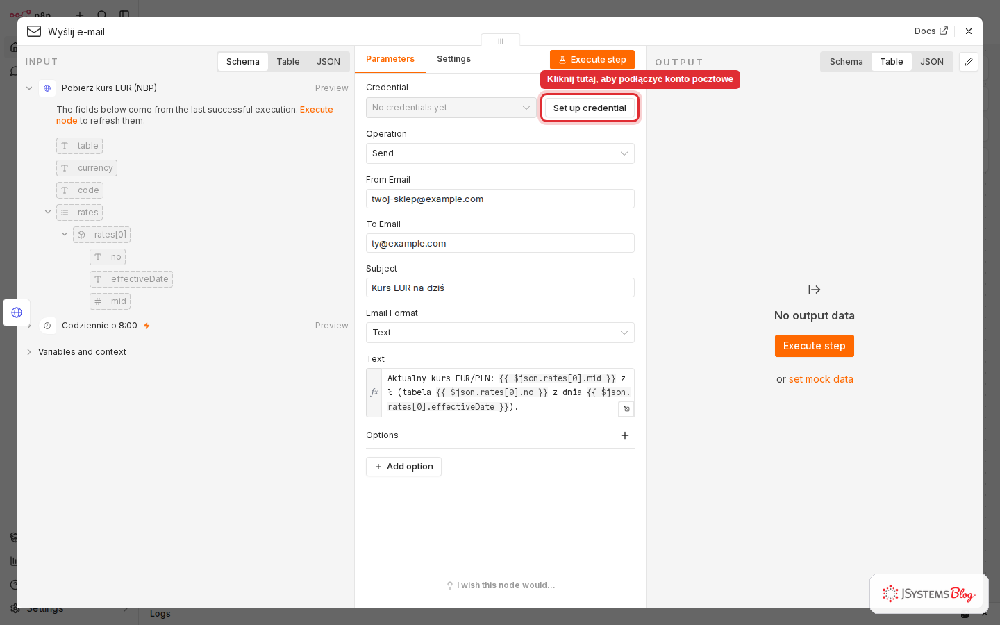 Węzeł e-mail w n8n z zaznaczonym na czerwono przyciskiem Set up credential w sekcji Credential
