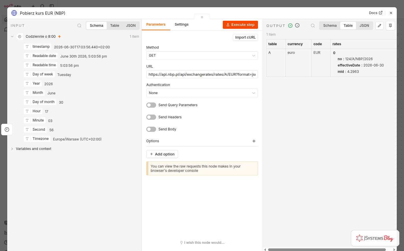 Węzeł HTTP Request w n8n pobiera kurs EUR z API NBP - po prawej prawdziwa odpowiedź z danymi (tabela A, euro, EUR)