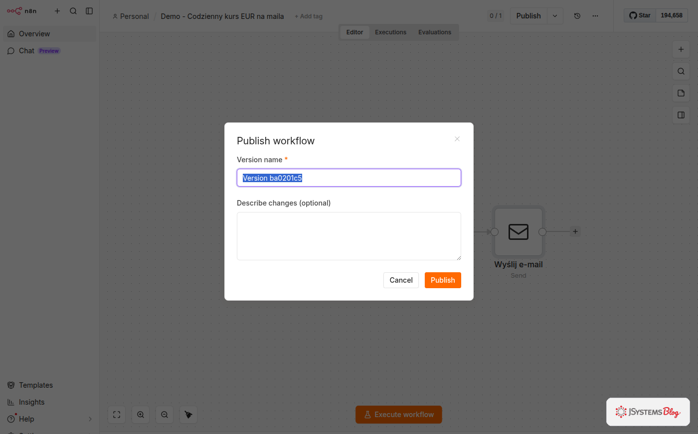 Okno Publish workflow w n8n - pole z nazwą wersji i opisem zmian oraz przyciski Cancel i Publish