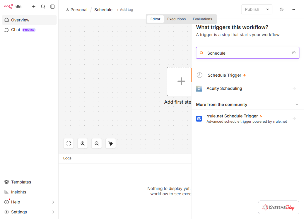 Wybór wyzwalacza w n8n - panel What triggers this workflow z opcją Schedule Trigger