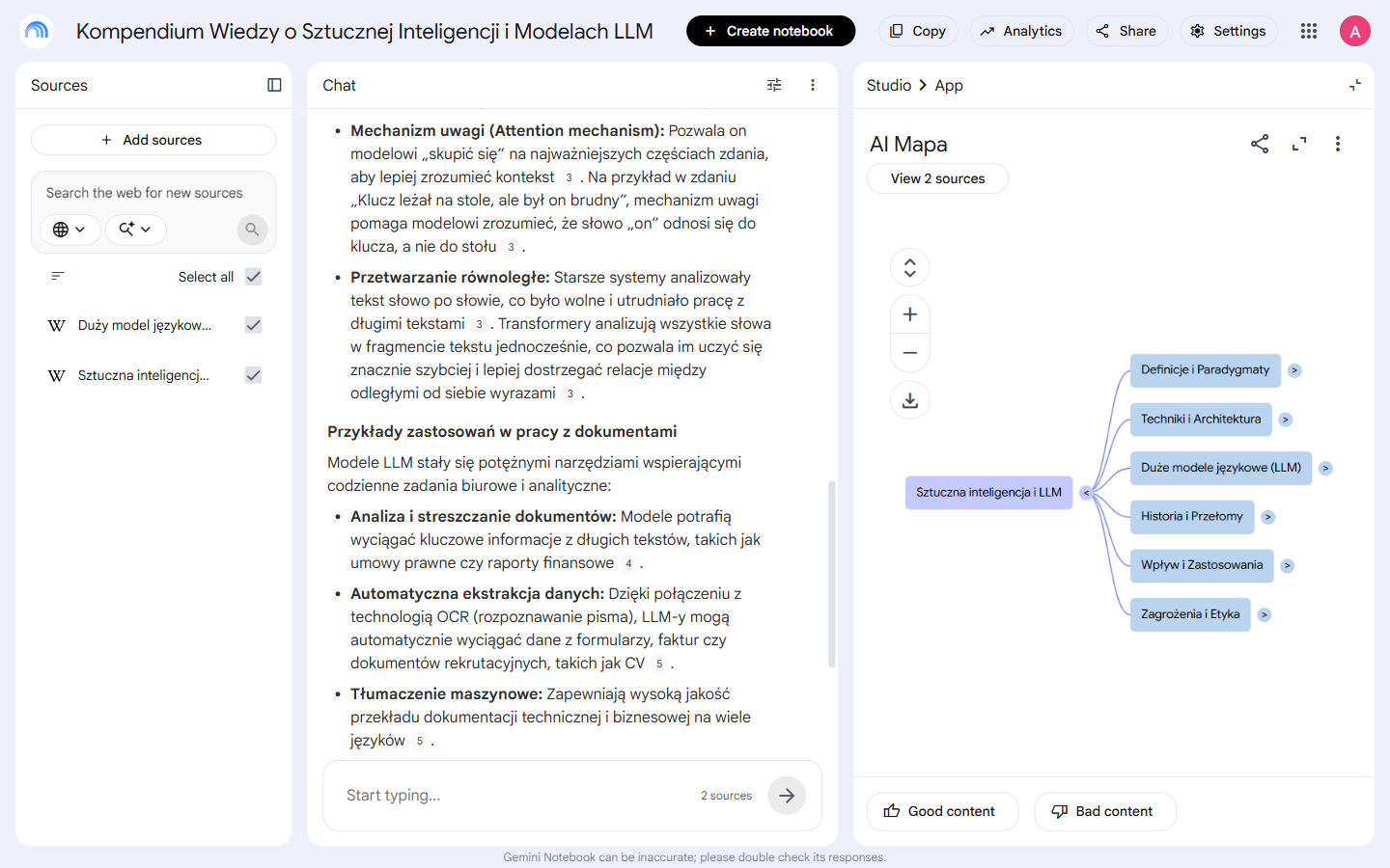 Mapa myśli wygenerowana przez NotebookLM z polskimi gałęziami tematycznymi