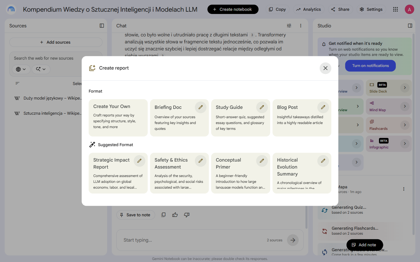 Okno wyboru typu raportu w NotebookLM: Briefing Doc, Study Guide, Blog Post, Create Your Own