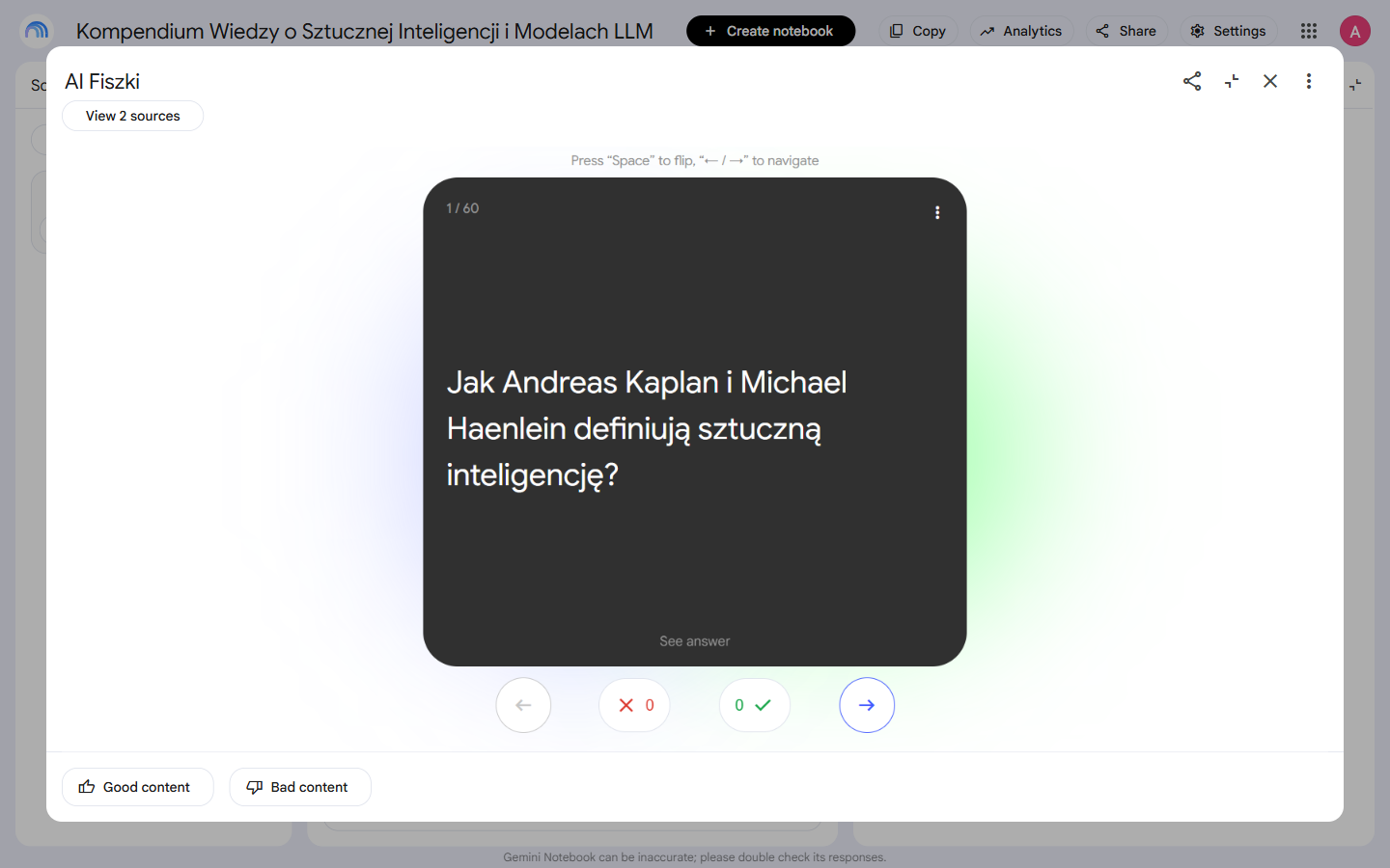 Fiszka wygenerowana przez NotebookLM z pytaniem po polsku, 1 z 60