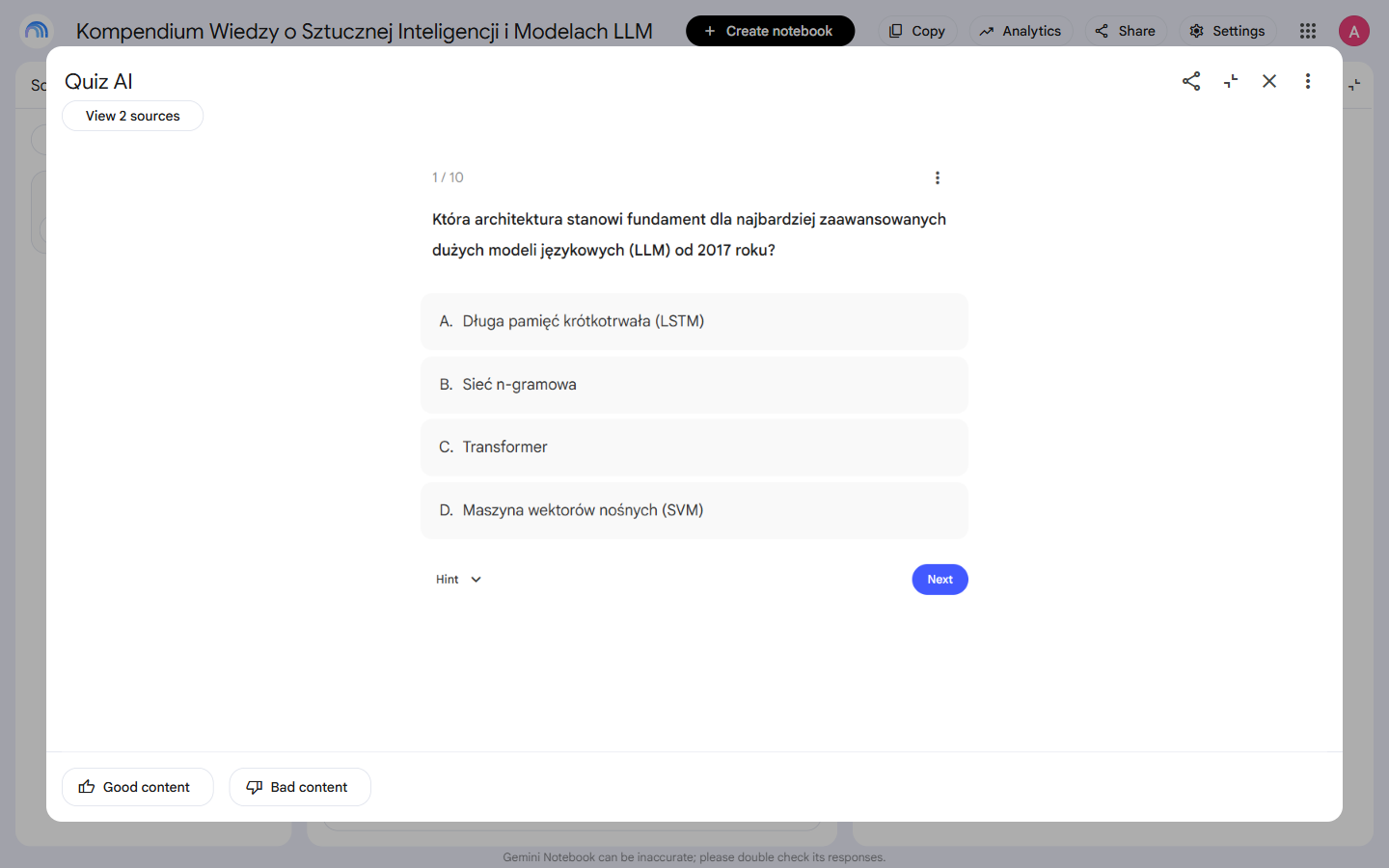 Quiz wygenerowany po polsku przez NotebookLM z pytaniem ABCD, 1 z 10