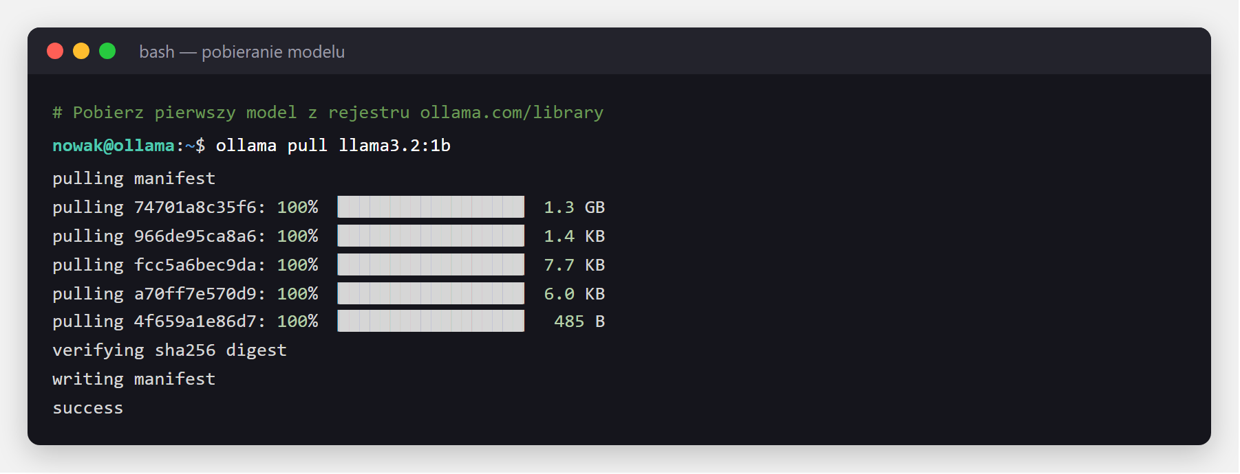 Terminal - ollama pull llama3.2 pobiera warstwy modelu i konczy sie success