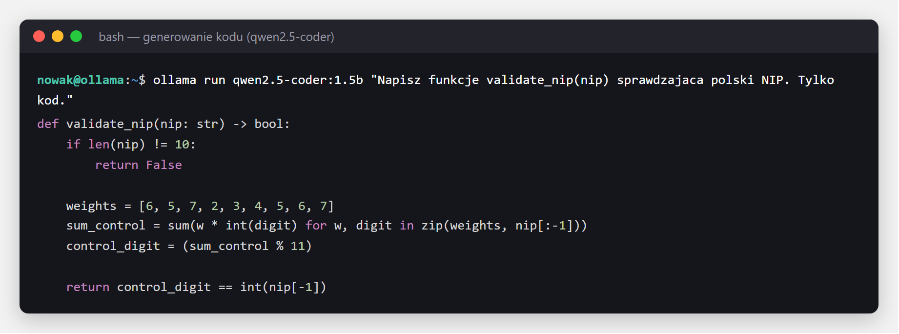 Terminal - model qwen2.5-coder generuje funkcje walidacji NIP w Pythonie
