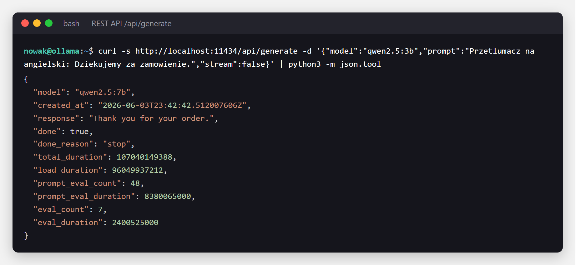 Terminal - odpowiedz JSON z /api/generate: pole response, done, czas, liczba tokenow