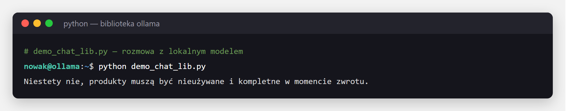 Terminal - wynik skryptu Python z biblioteka ollama, odpowiedz asystenta sklepu