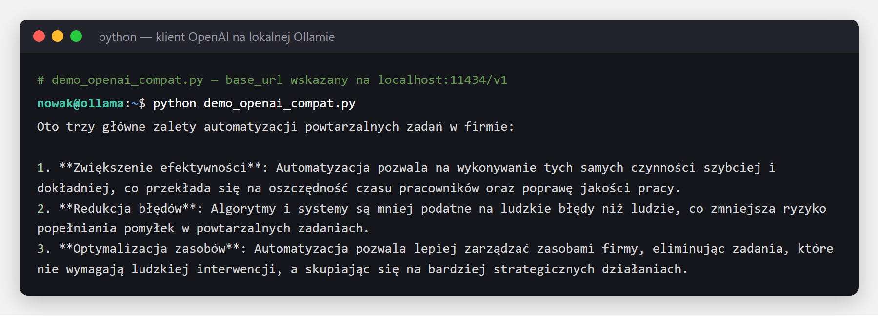 Terminal - klient OpenAI wskazany na lokalna Ollame zwraca odpowiedz