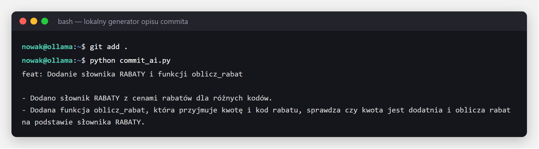 Terminal - skrypt commit_ai generuje opis commita w stylu Conventional Commits z git diff