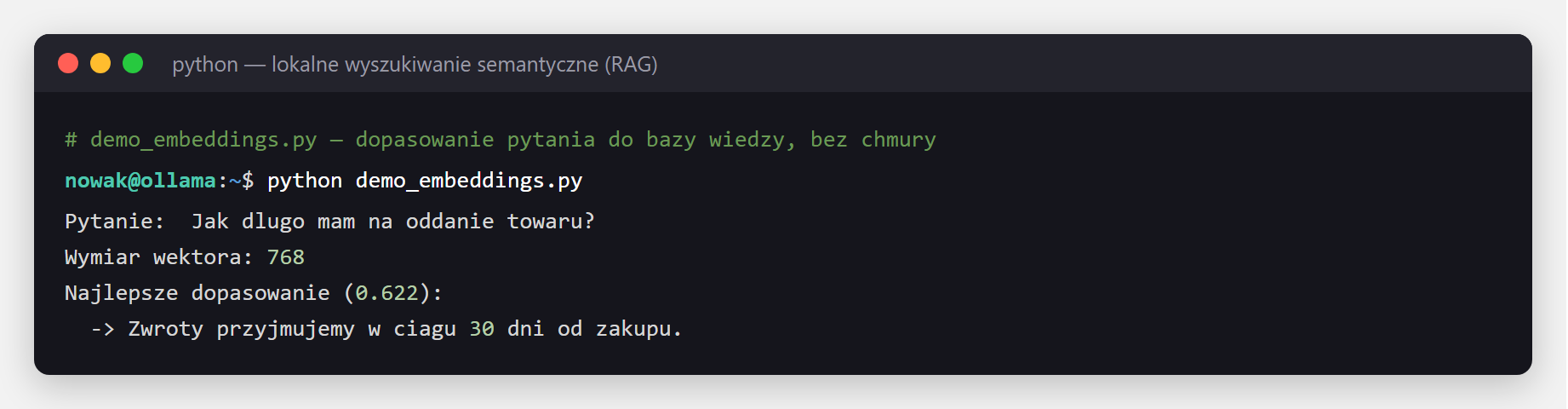 Terminal - lokalne wyszukiwanie semantyczne dopasowuje pytanie do zdania o zwrotach