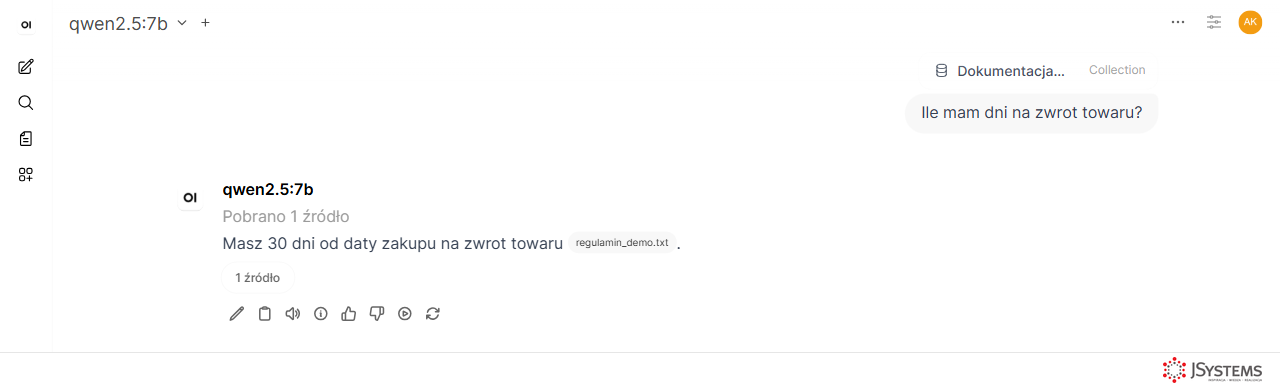 Open WebUI - czat z aktywna baza wiedzy, model odpowiada i cytuje fragment dokumentu