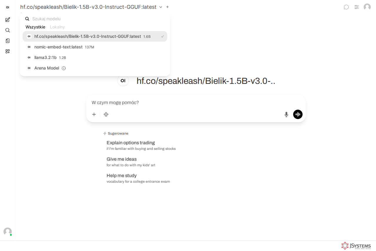 Open WebUI - interfejs po zalogowaniu z selektorem modeli Ollamy i oknem czatu