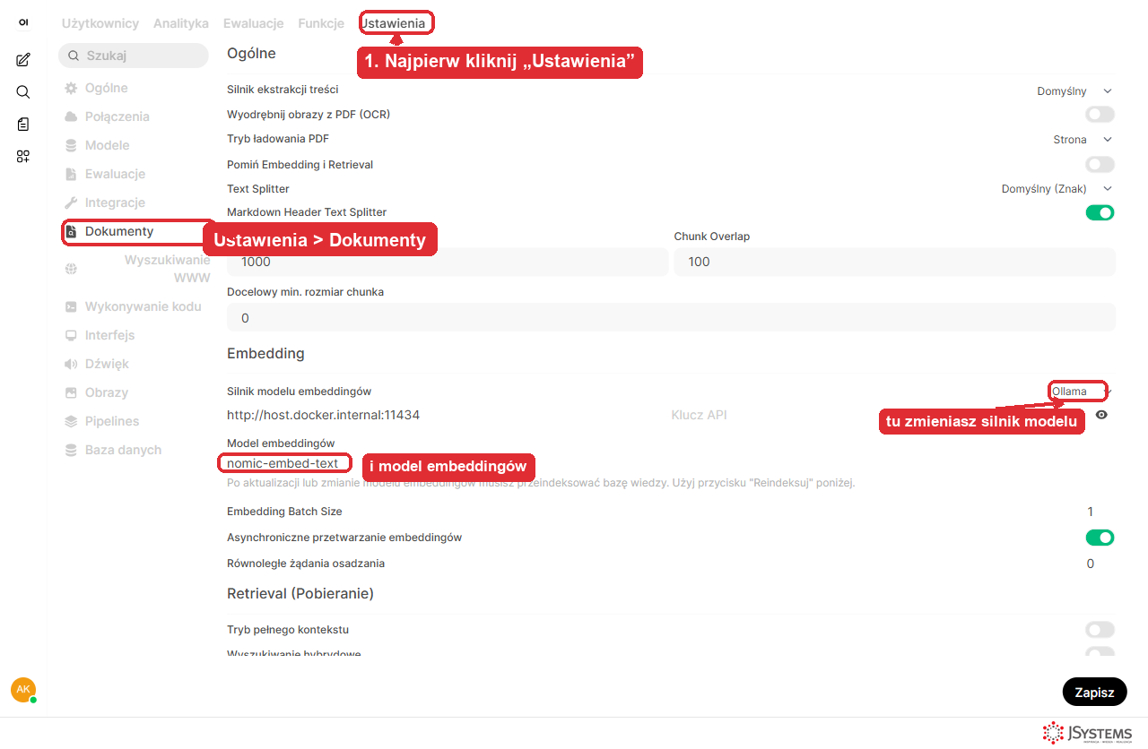 Open WebUI - Panel administracyjny, Ustawienia, zakładka Dokumenty w lewym menu