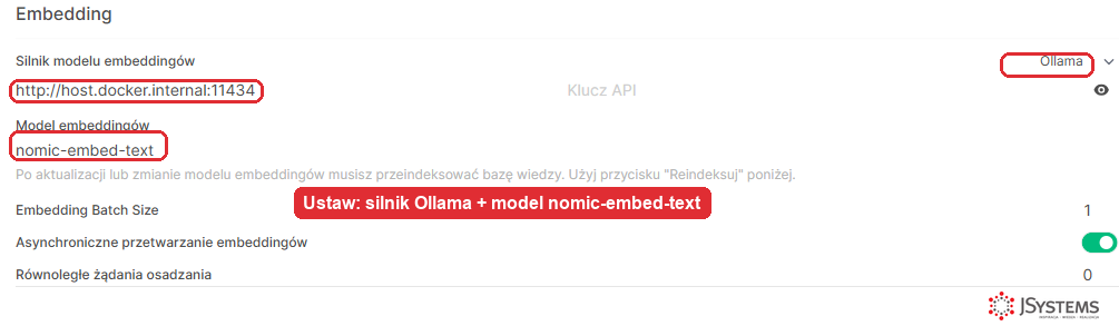 Open WebUI - sekcja Embedding z silnikiem Ollama i modelem nomic-embed-text