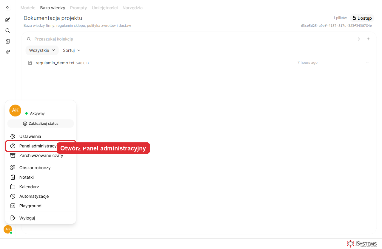Open WebUI - menu użytkownika z zaznaczoną pozycją Panel administracyjny