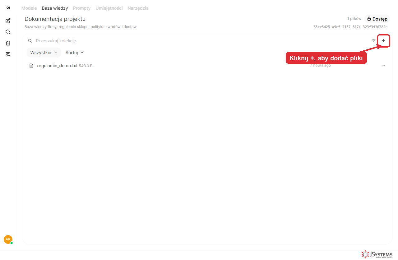 Open WebUI - wnętrze bazy wiedzy z wgranym plikiem regulamin_demo.txt