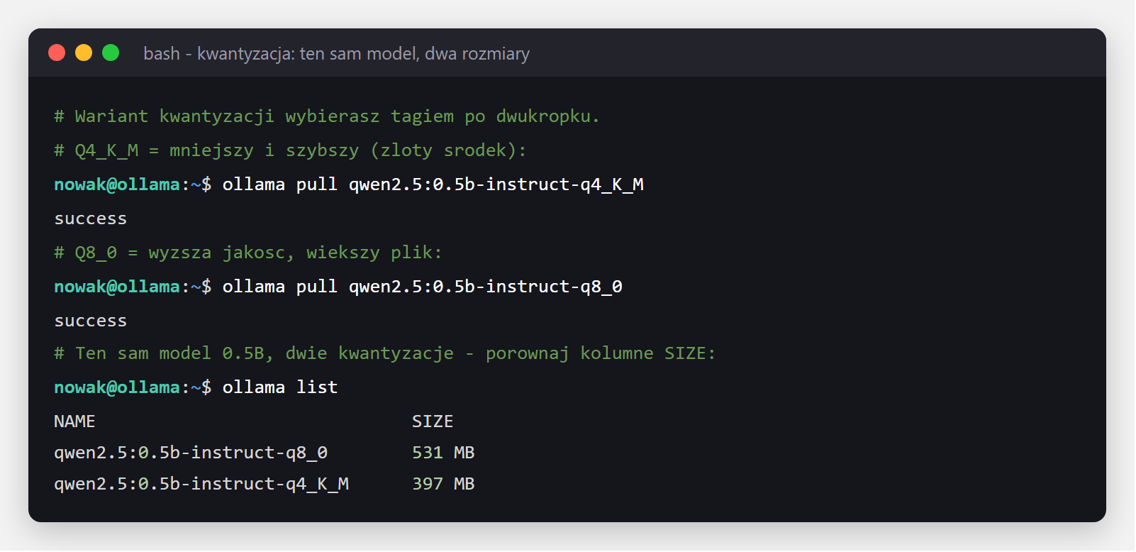 Terminal - ollama pull tego samego modelu w kwantyzacji Q4_K_M i Q8_0, ollama list pokazuje rozne rozmiary