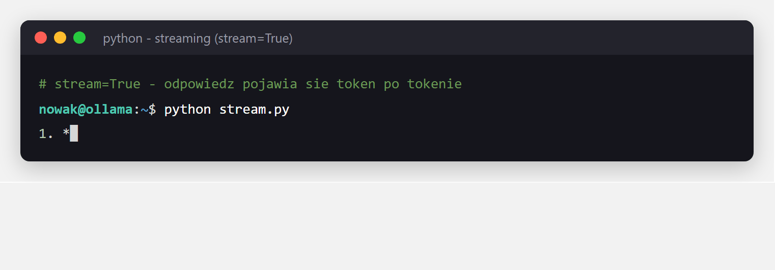Animacja - odpowiedz modelu w terminalu pojawia sie token po tokenie podczas streamingu