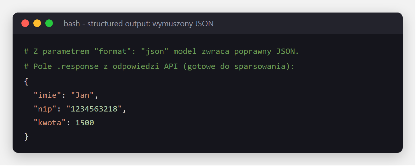 Terminal - odpowiedz modelu jako poprawny JSON z polami imie, nip, kwota