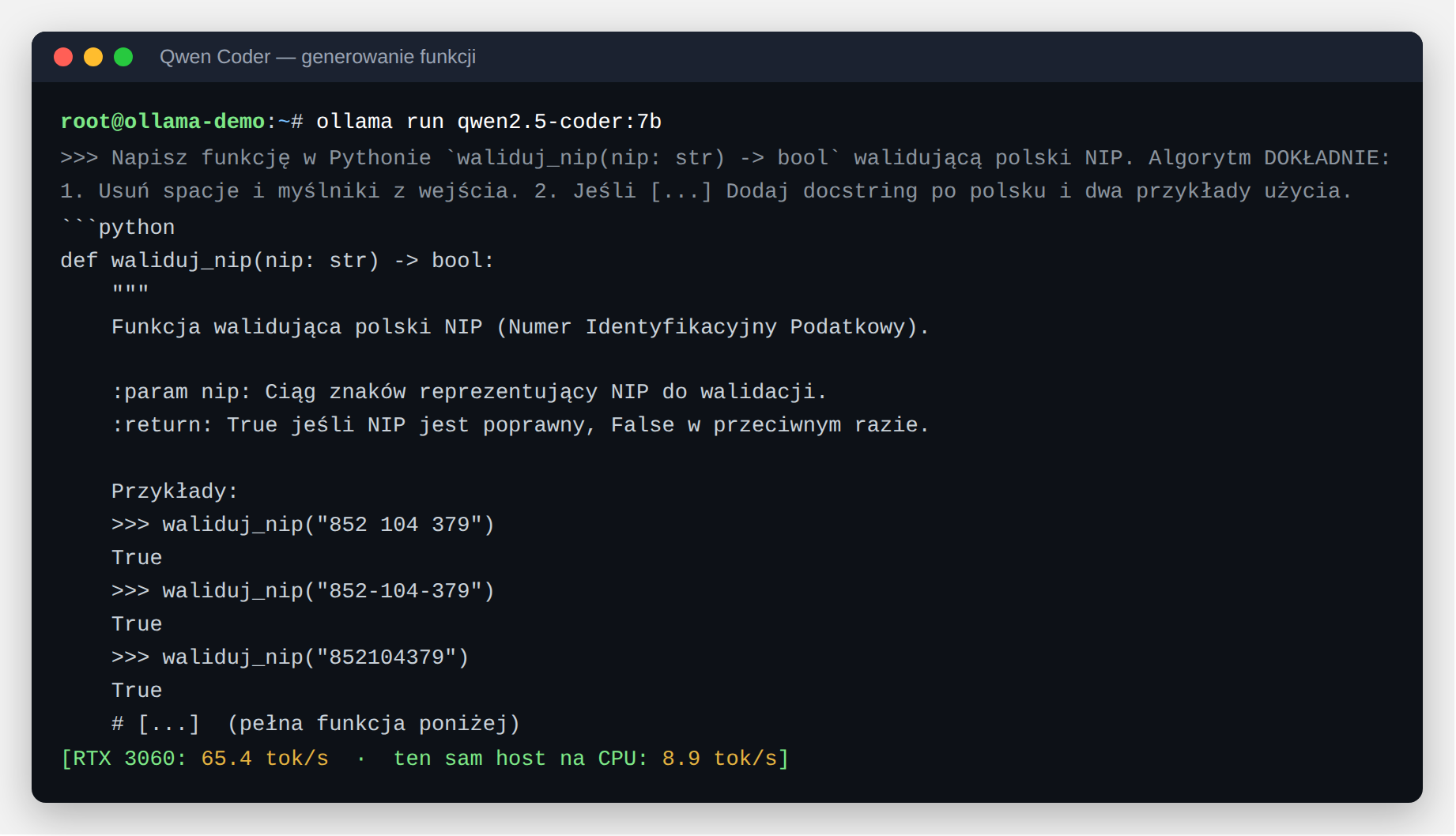 Qwen Coder generuje na polecenie funkcję walidującą polski NIP