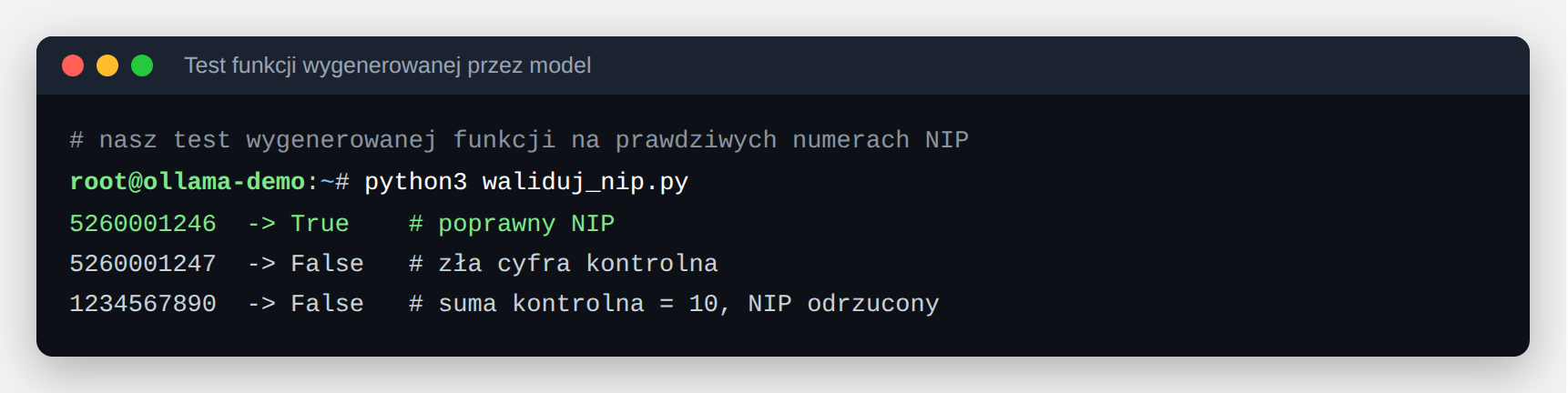 Test funkcji walidującej NIP na prawdziwych numerach