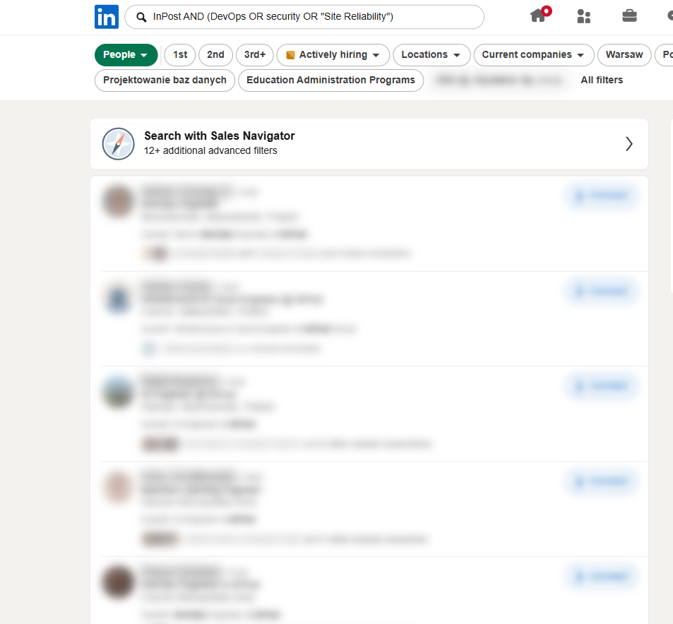 Realne wyszukiwanie boolowskie pracowników InPost na LinkedIn z zamaskowanymi danymi osób