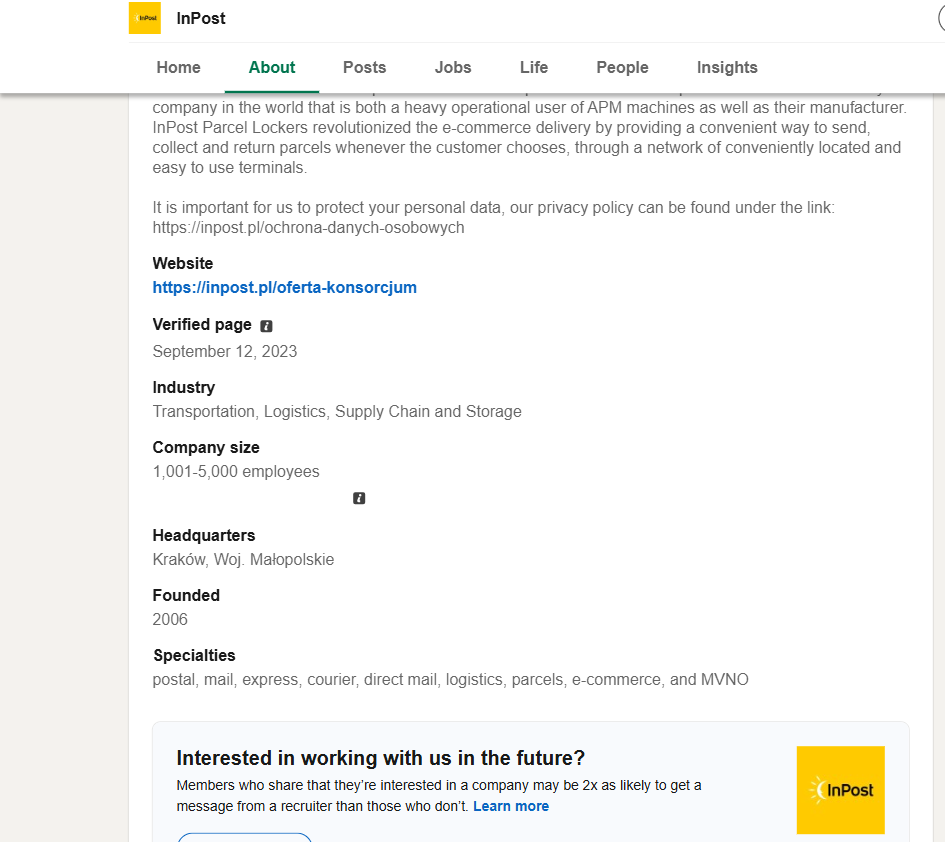 Strona firmowa InPost na LinkedIn - zakładka About z danymi o wielkości, siedzibie i specjalizacjach