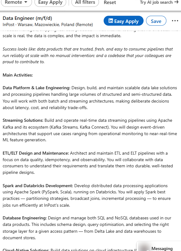 Oferta pracy Data Engineer w InPoście na LinkedIn - opis ujawniający stos technologiczny: Kafka, Spark, Databricks, Delta Lake