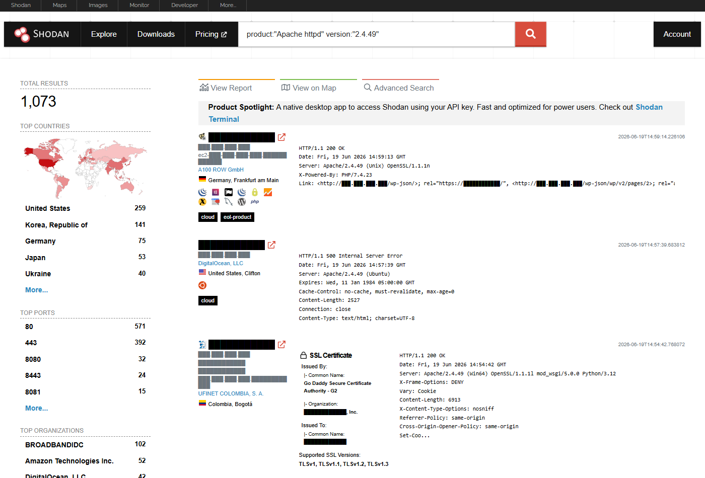 Shodan - wyniki zapytania product Apache httpd version 2.4.49, ponad tysiąc serwerów podatnych na CVE-2021-41773