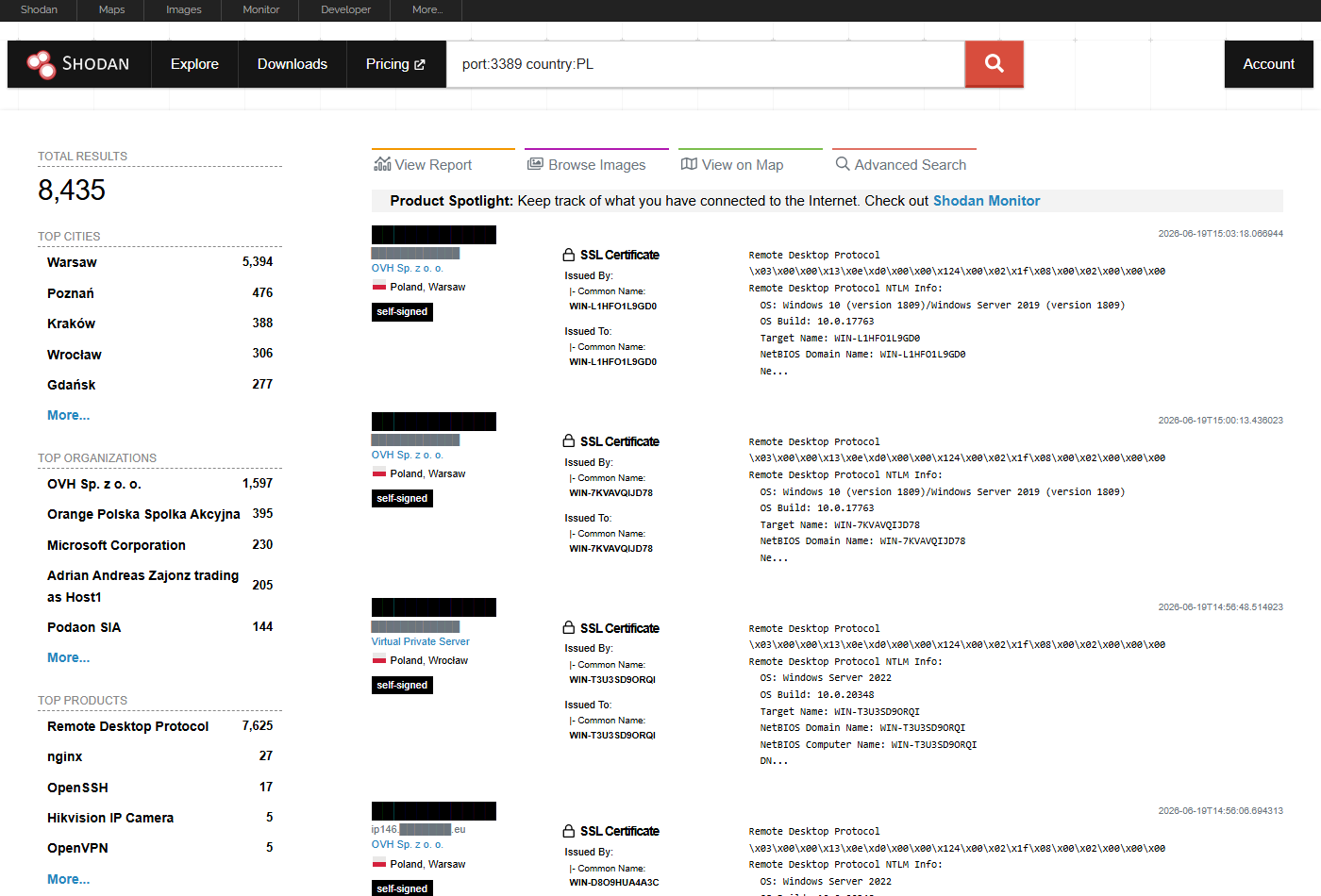 Shodan - wyniki zapytania port:3389 country:PL, ponad 8 tysięcy hostów RDP wystawionych publicznie w Polsce