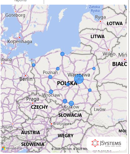 Mapa Polski w Power BI z babelkami sprzedazy w miastach