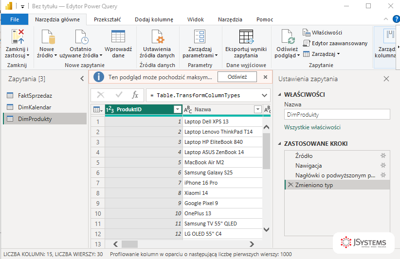 Edytor Power Query z lista zapytan, podgladem danych i panelem zastosowanych krokow