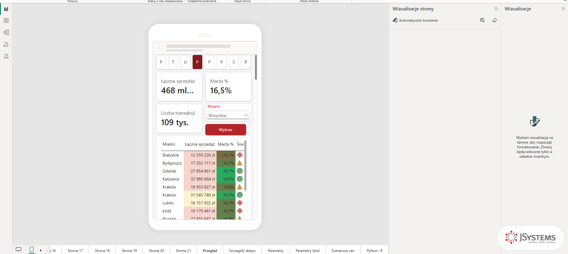 Widok układu mobilnego w Power BI Desktop: pionowa kanwa telefonu z ułożonymi kartami i tabelą raportu Nordvella