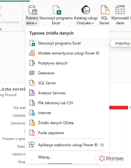 Rozwinięte menu Pobierz dane w Power BI Desktop z listą typowych źródeł i podświetloną pozycją Skoroszyt programu Excel