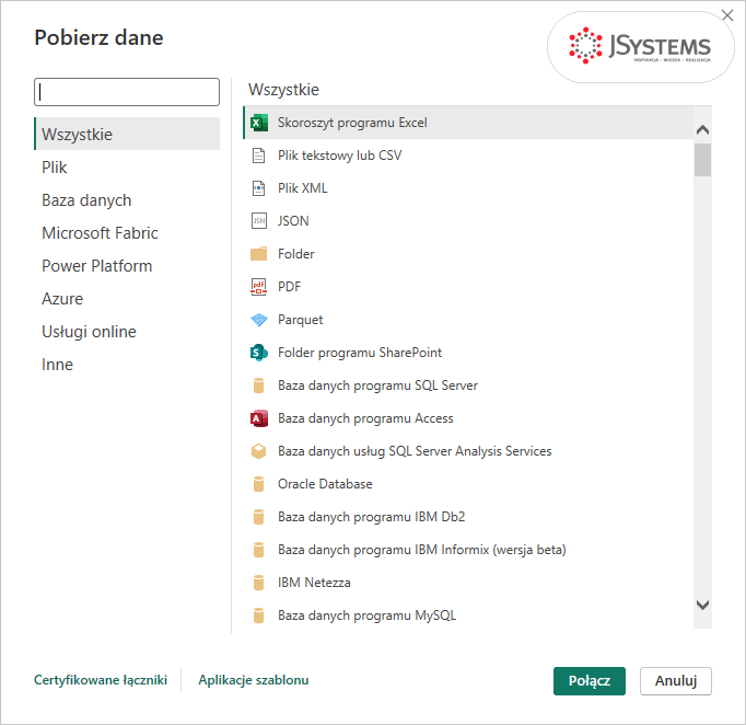 Okno Pobierz dane w Power BI Desktop z kategorią Wszystkie i listą łączników od Skoroszytu programu Excel po MySQL