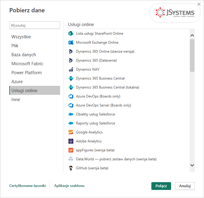 Okno Pobierz dane w Power BI z kategorią Usługi online: SharePoint Online, Dynamics 365, Salesforce, Google Analytics